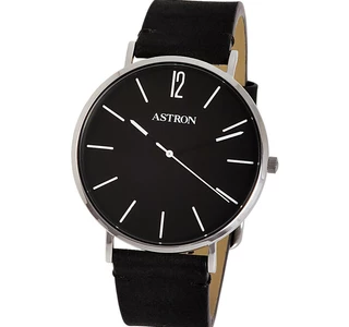 ASTRON 8014-1 ELEGÁNS FÉRFI KARÓRA, EZÜST SZÍNŰ NEMESACÉL TOK, FEKETE BŐRSZÍJ, FEKETE SZÁMLAP, KEMÉNYÍTETT ÁSVÁNYÜVEG, QUARTZ SZERKEZET, CSEPPMENTES VÍZÁLLÓSÁG