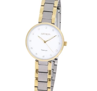 ASTRON 8044-9 NŐI KARÓRA, BICOLOR (ARANY) SZÍNŰ TITÁNIUM TOK, TITÁNIUM CSAT, FEHÉR SZÁMLAP, KEMÉNYÍTETT ÁSVÁNYÜVEG, QUARTZ SZERKEZET, 50 M (5 ATM) VÍZÁLLÓSÁG